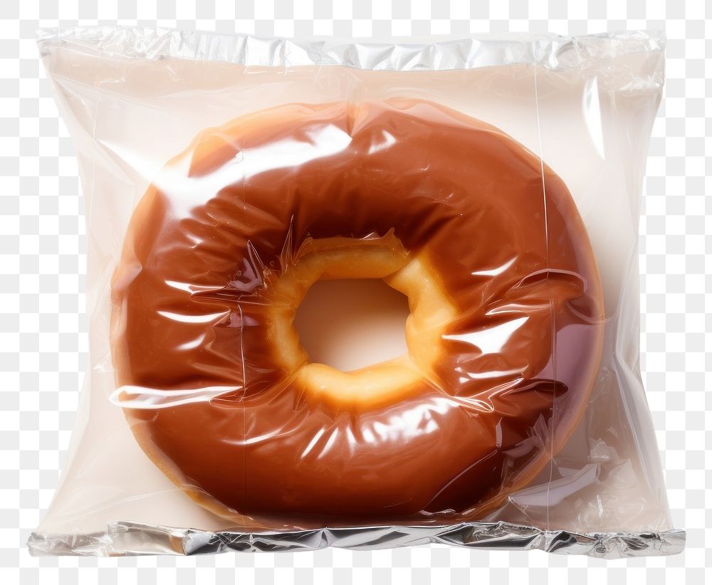 PNG  Plastic wrapping over a donut bagel food white background.