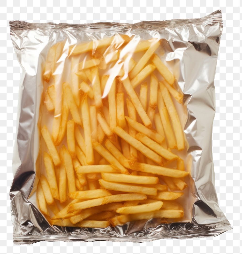 PNG  Plastic wrapping over a french fries food white background vegetable.