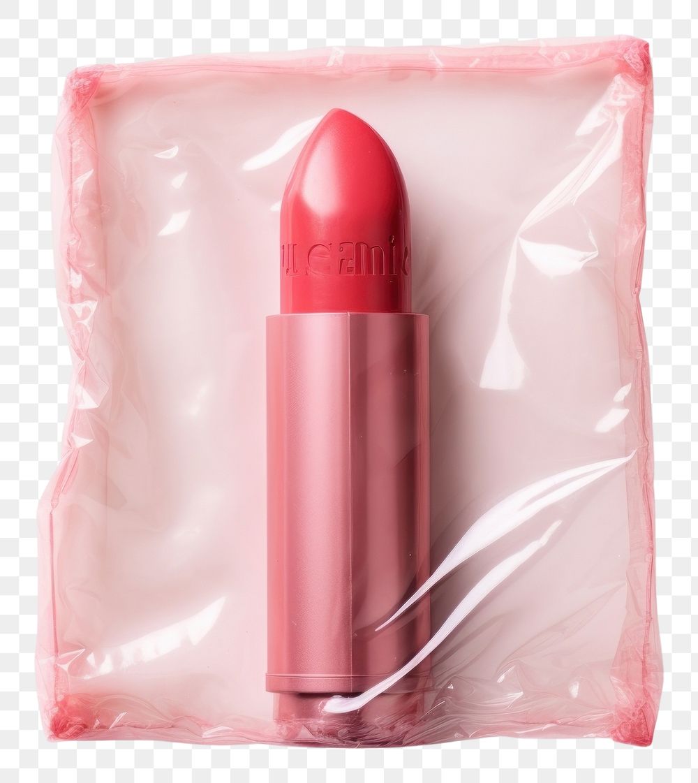 PNG  Plastic wrapping over a lipstick cosmetics white background fashion.