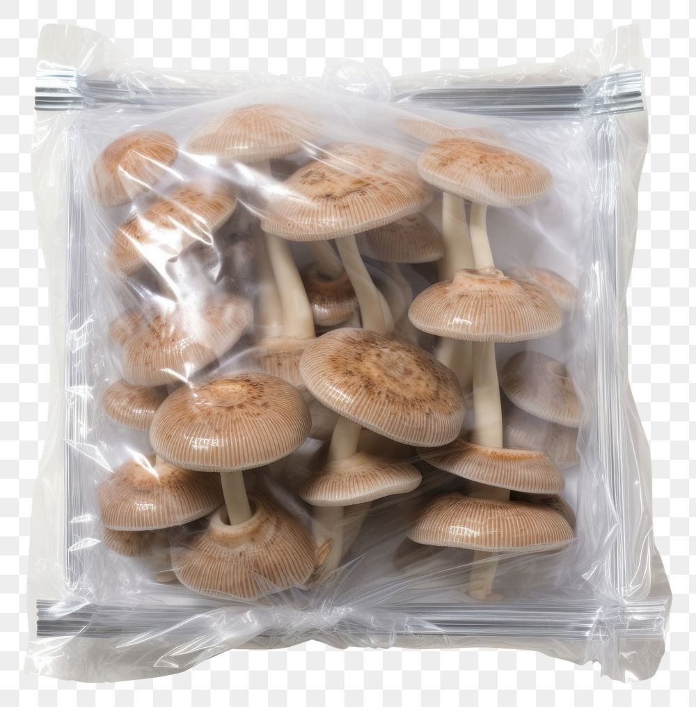 PNG  Plastic wrapping over a mushroom food pill white background.