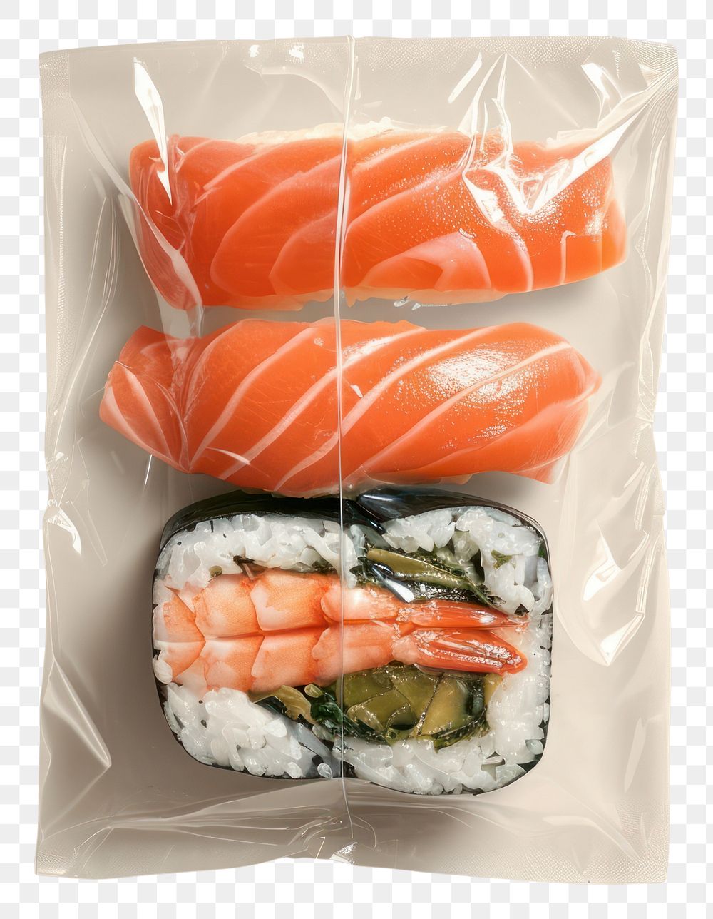 PNG  Plastic wrapping over a sushi seafood rice meal.