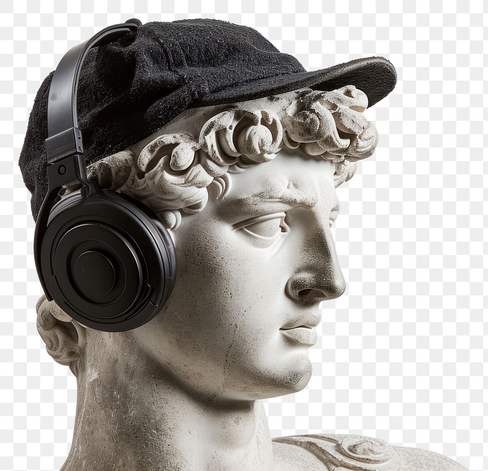 PNG  Portrait of an Ancient Greek sculpture headphones headset adult.