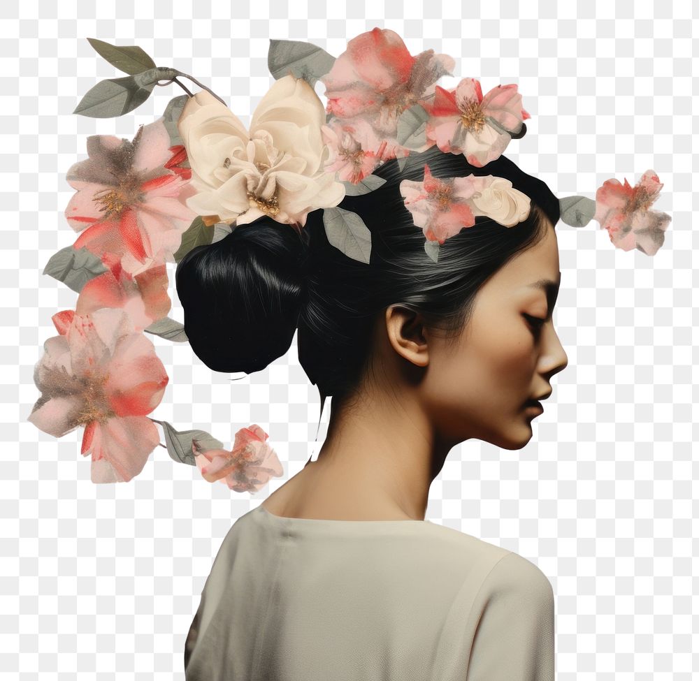 PNG  Collage of a asian woman flower portrait adult.