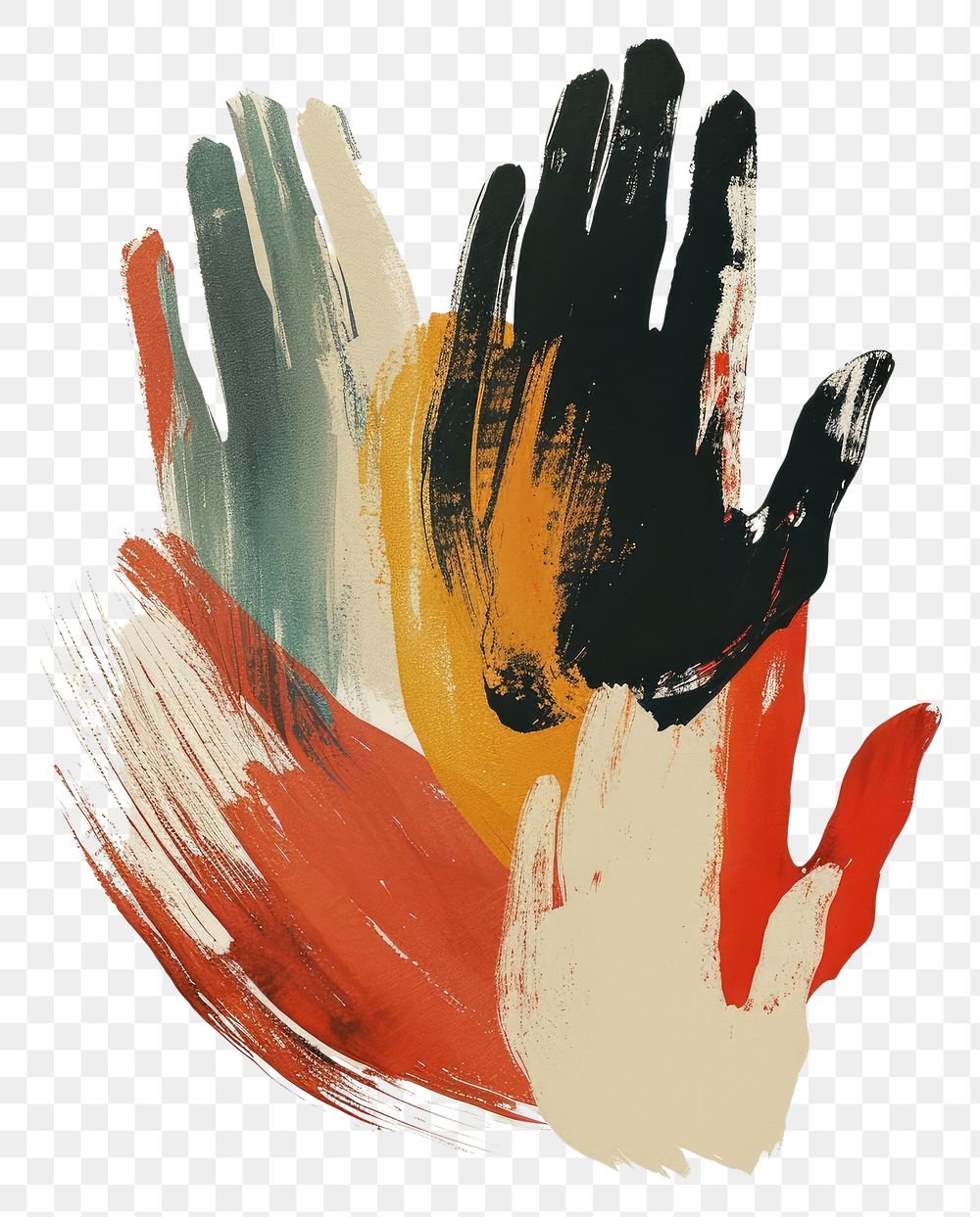 PNG An acrylic stroke top with a diversity of four hands element overlay art abstract painting.