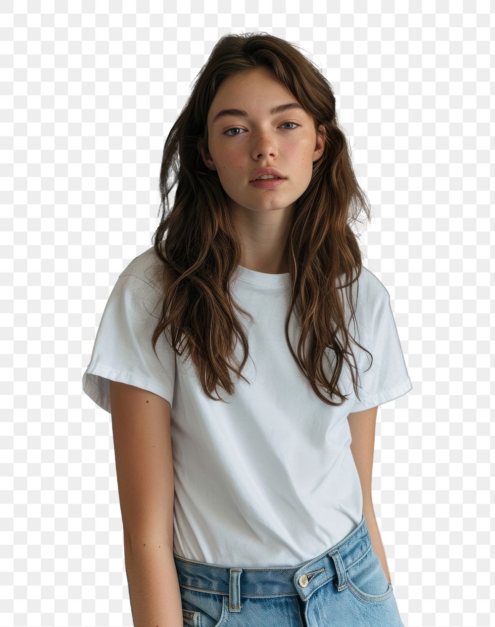 PNG  White T-shirt and blue jean t-shirt portrait sleeve.