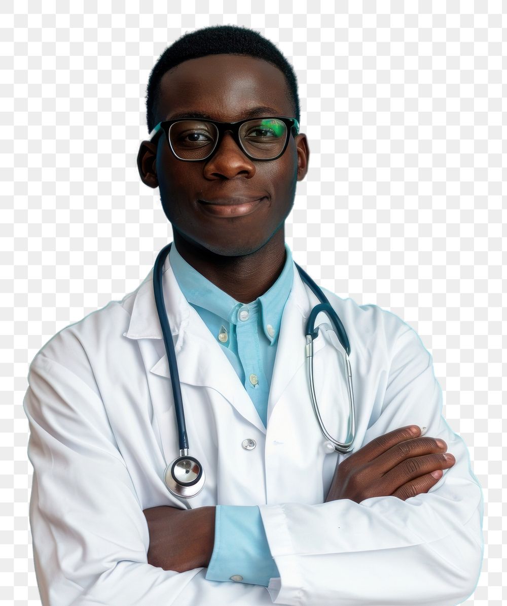 PNG Photo of African Male doctor adult male arms crossed.