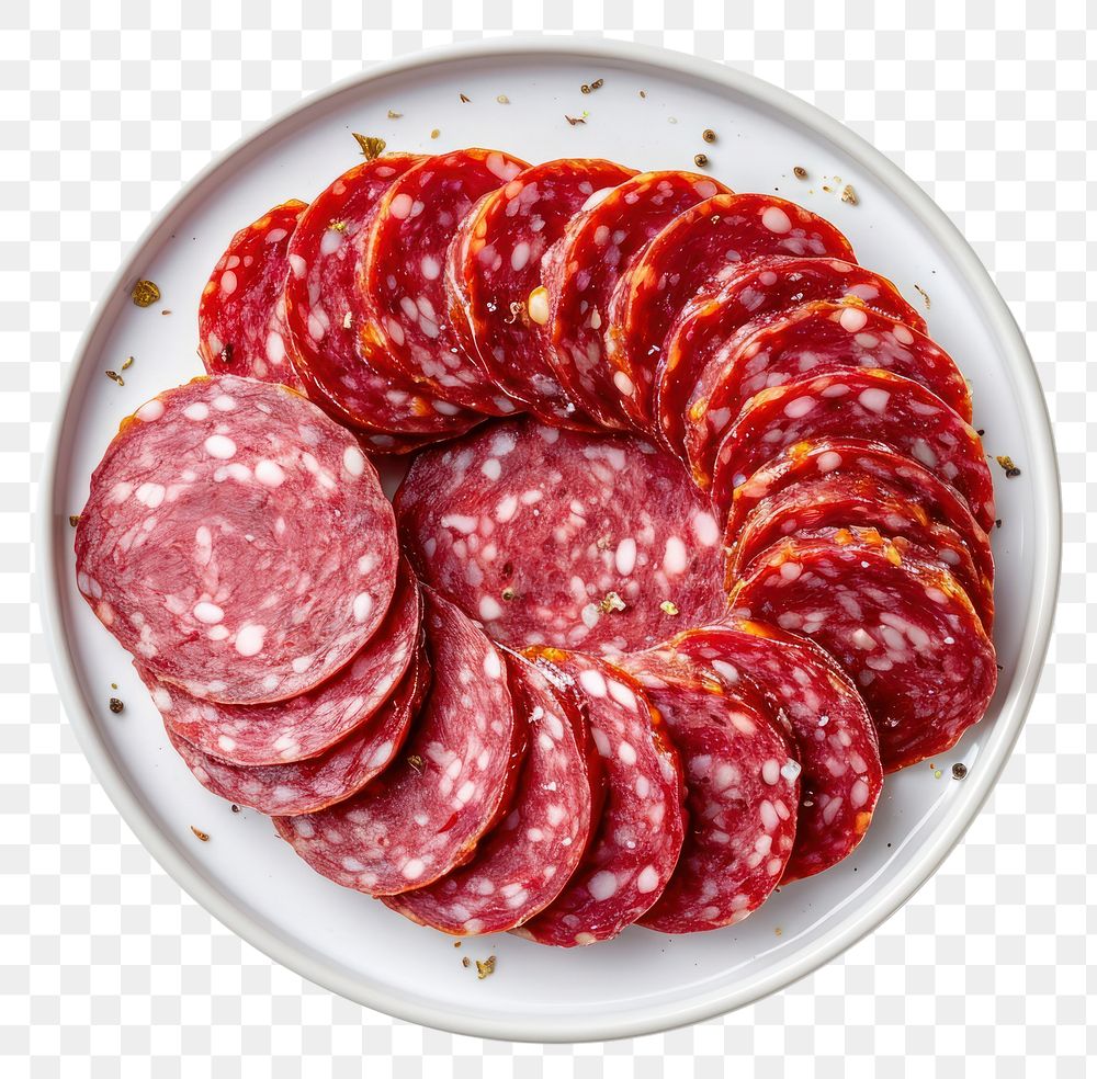 PNG Sausage salami slices on dish cooking plate meat.