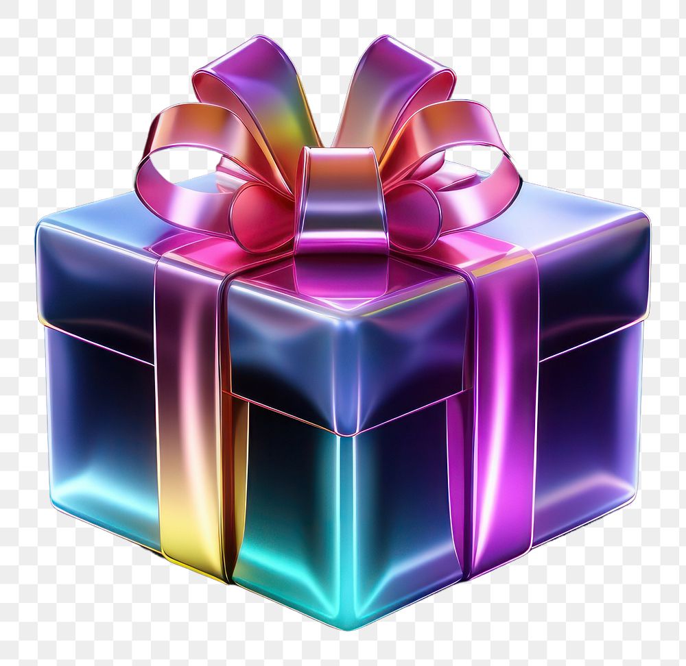 PNG  3D render of giftbox icon neon bow illuminated.