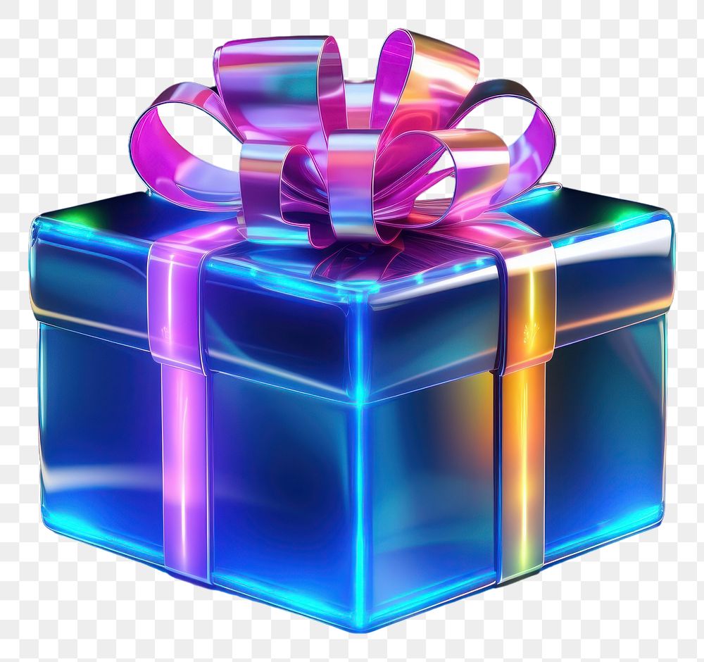 PNG  3D render of giftbox icon neon bow illuminated.