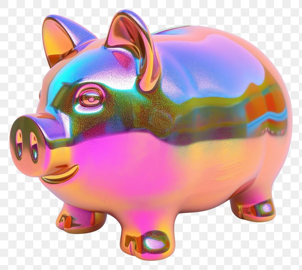 PNG Piggy bank iridescent mammal white background representation.