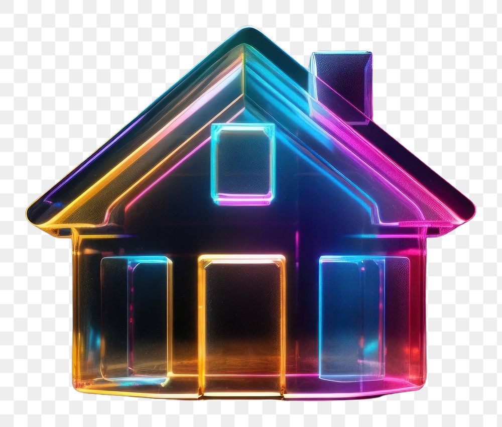 PNG  3D render neon house icon lighting purple architecture.