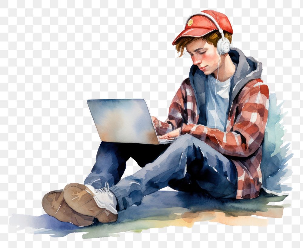 PNG Laptop teenage sitting computer.