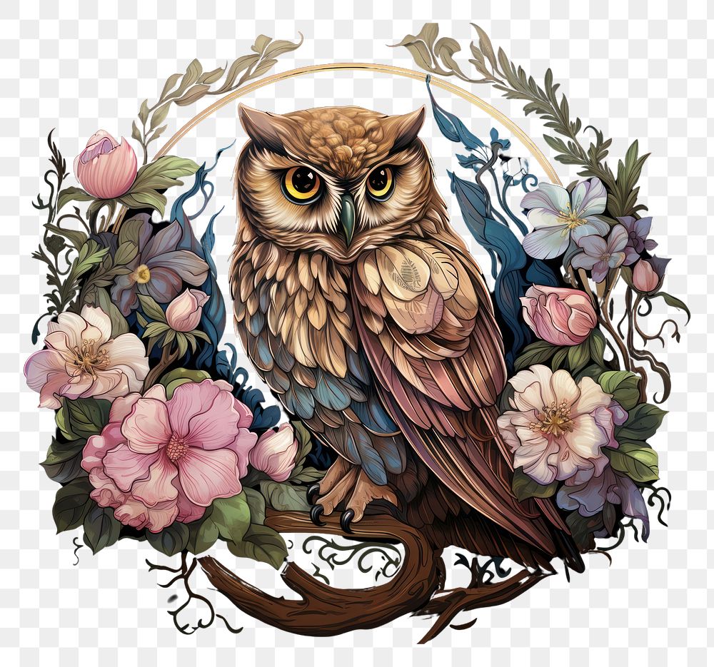 PNG Owl and flowers art painting graphics.