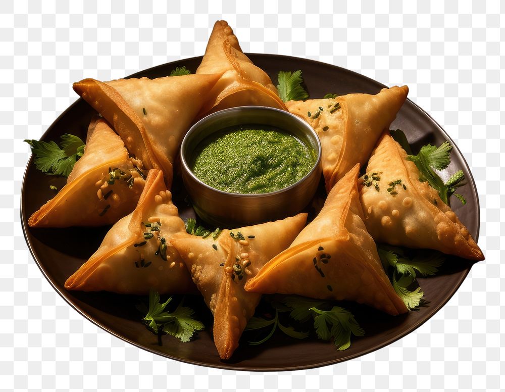 PNG Samosa south asian food plate appetizer vegetable.