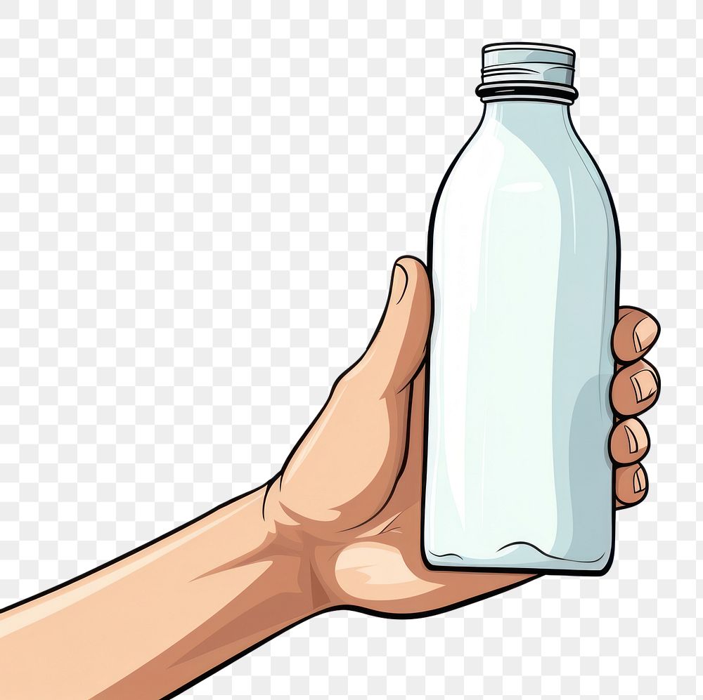 PNG Human hand holding a bottle of milk white background refreshment drinkware.