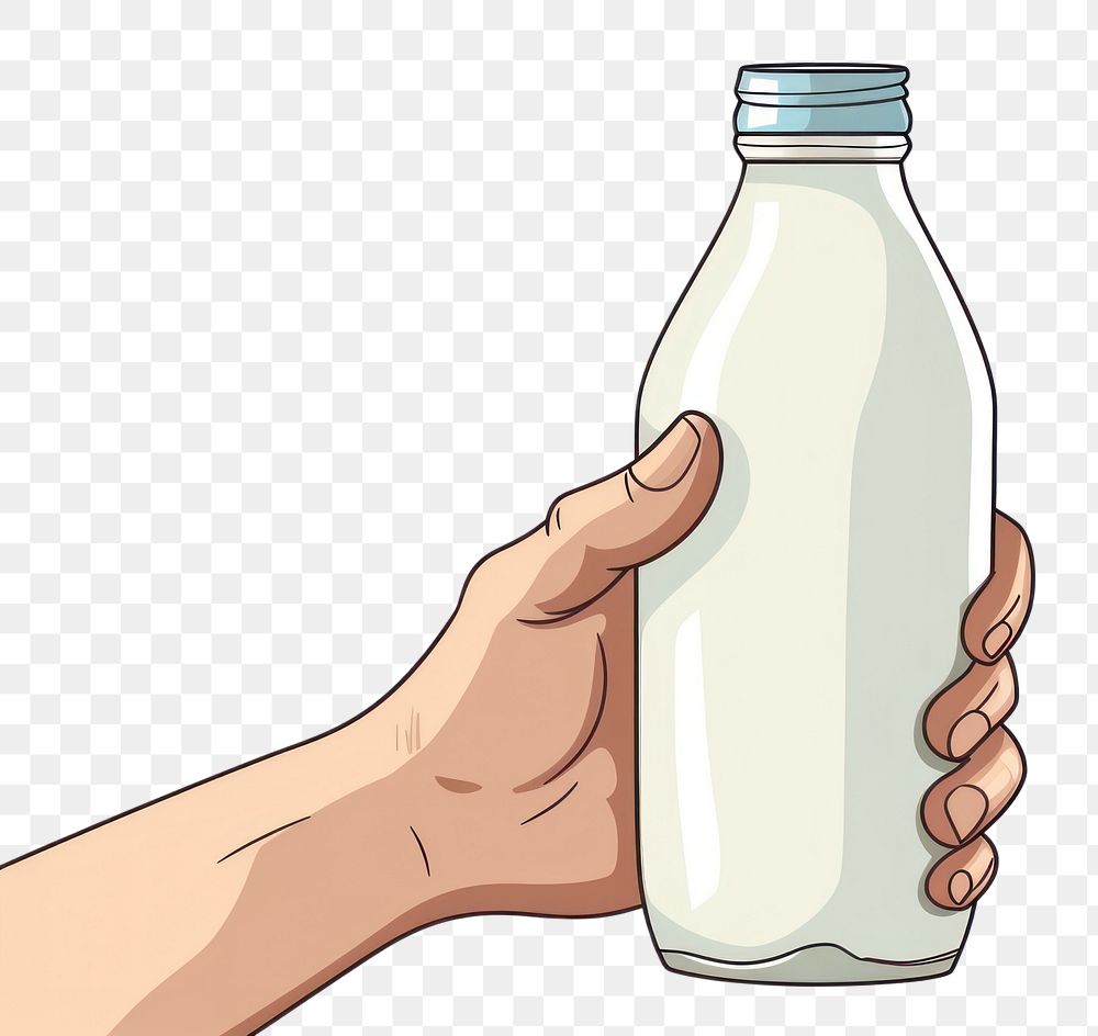 PNG Human hand holding a bottle of milk dairy white background refreshment.