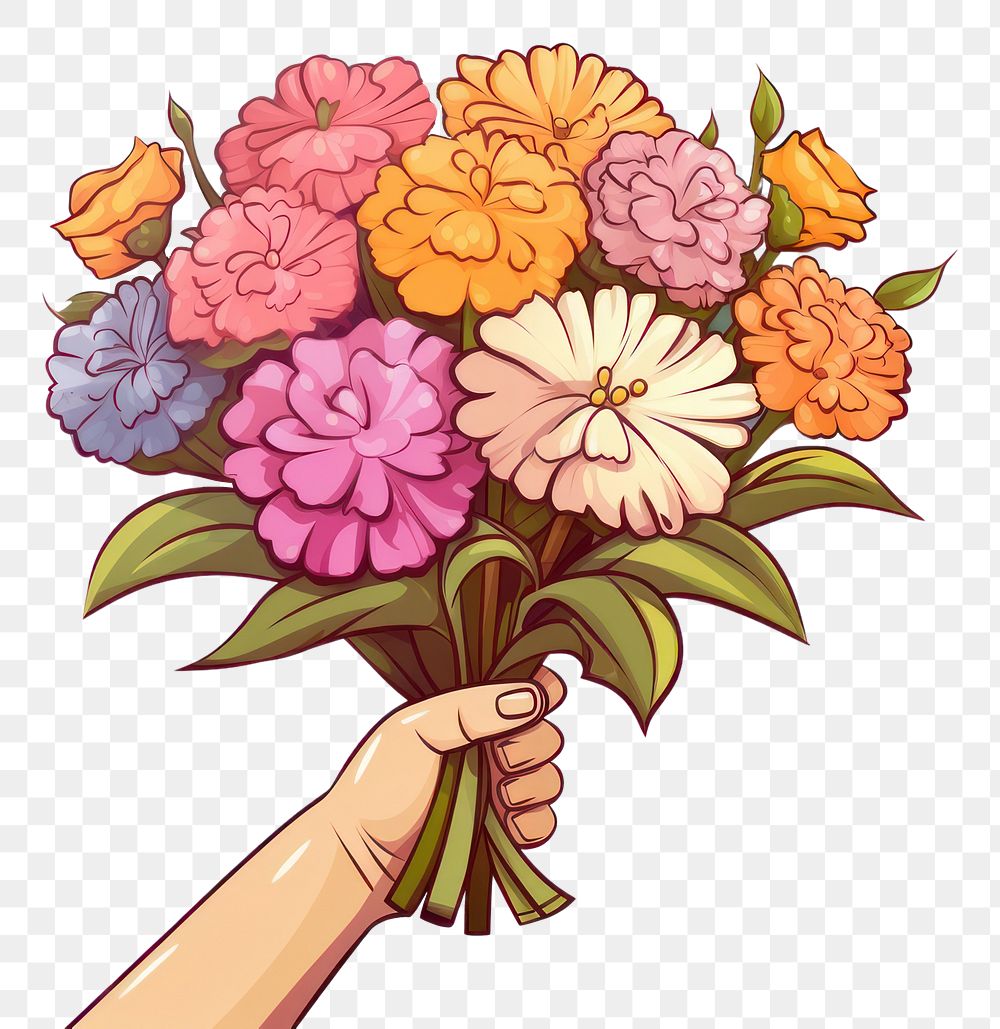 PNG Human hand holding a flower boquet cartoon plant white background.