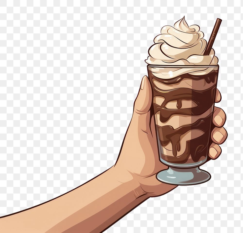 PNG Human hand holding a glass of iced chocolate with cream dessert cartoon sundae.