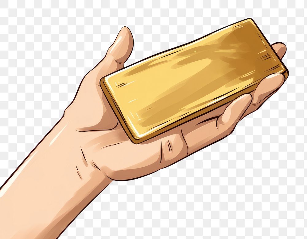 PNG Human hand holding gold bar white background electronics currency.