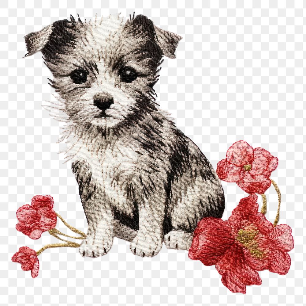 PNG Puppy flower in embroidery style drawing mammal animal.