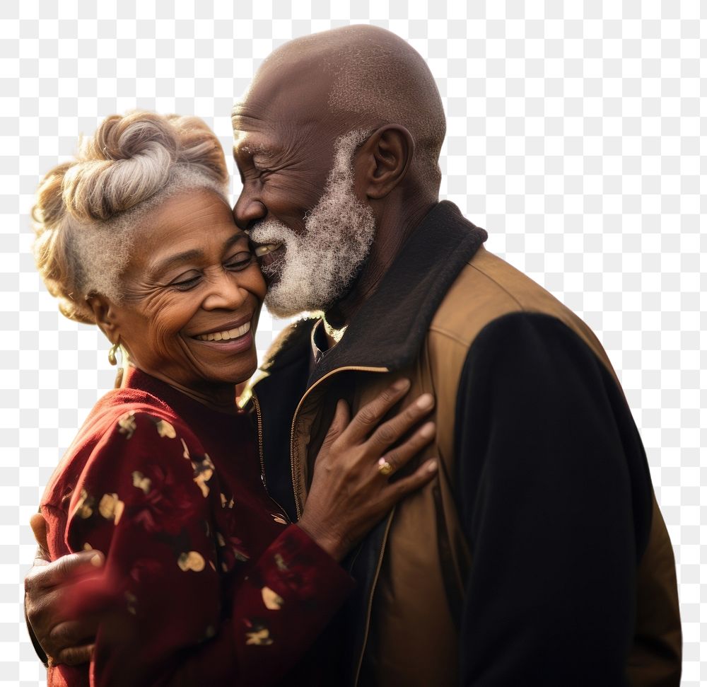 PNG Black senior couple portrait outdoors hugging.