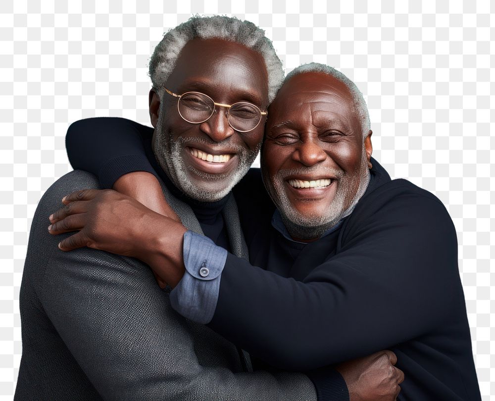PNG Black senior man and friend hugging adult love togetherness.