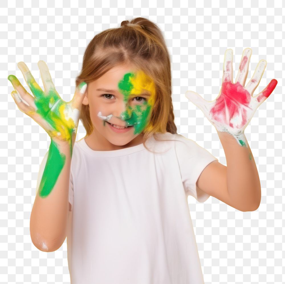 PNG  Girl with a hand covered in paint portrait child cute. AI generated Image by rawpixel.