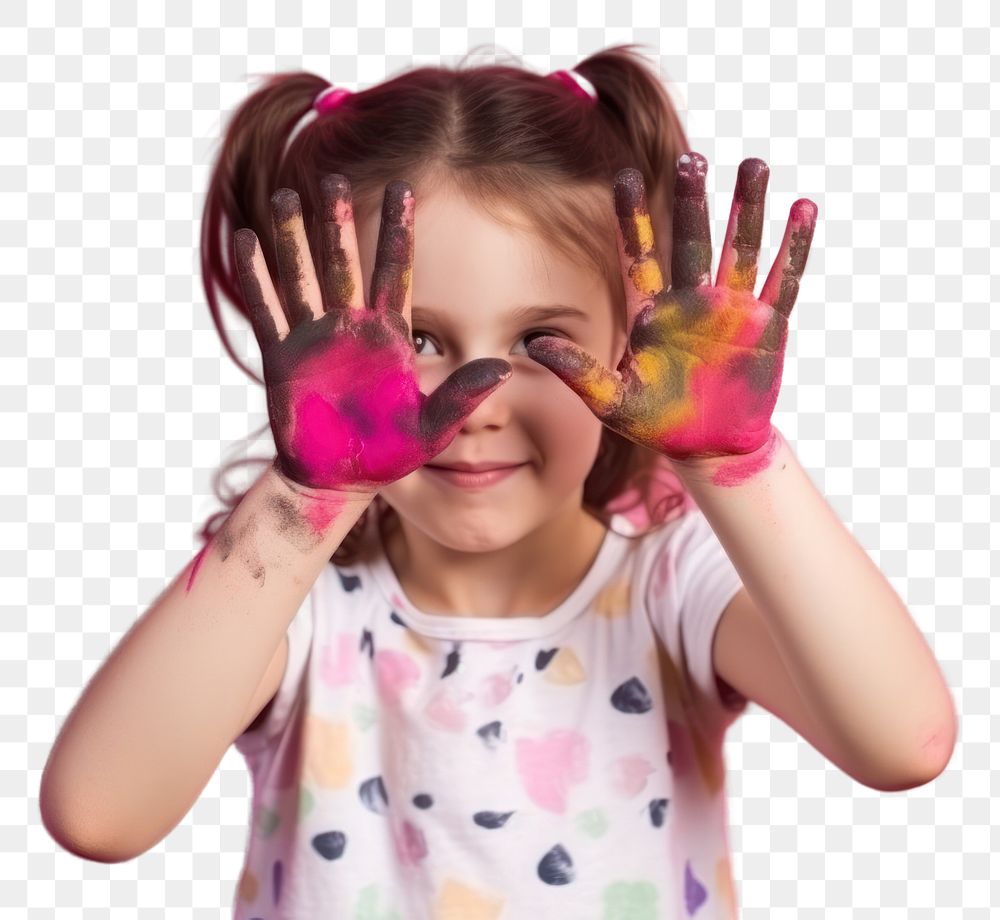 PNG  Girl with a hand covered in paint portrait child smile. AI generated Image by rawpixel.