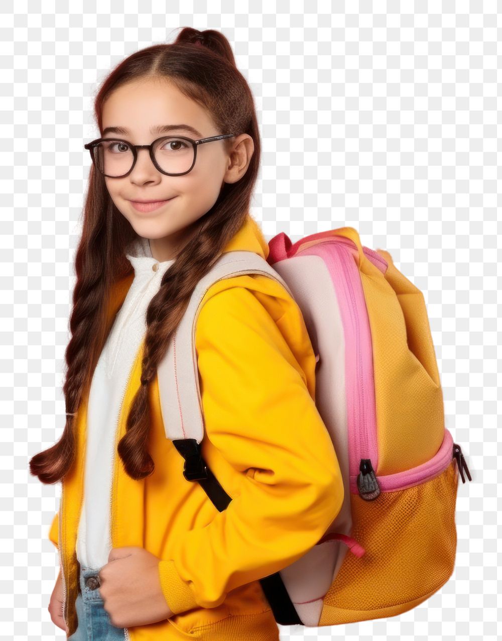 PNG  Girl girl with backpack portrait glasses intelligence. AI generated Image by rawpixel.