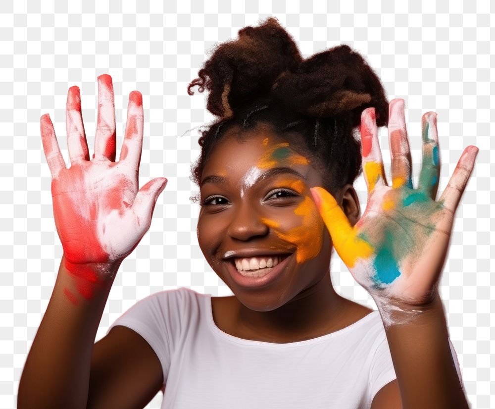 PNG  Black girl with a hand covered in paint portrait smile happy. AI generated Image by rawpixel.