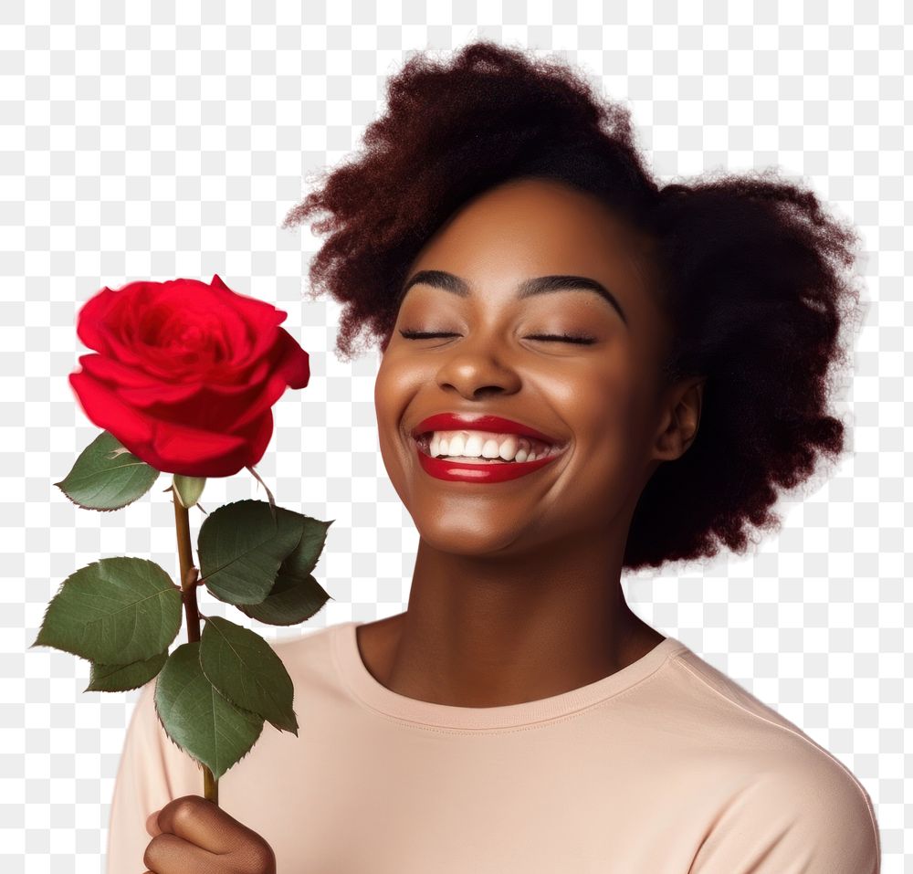 PNG Black woman holding bouquet red rose portrait laughing smiling.