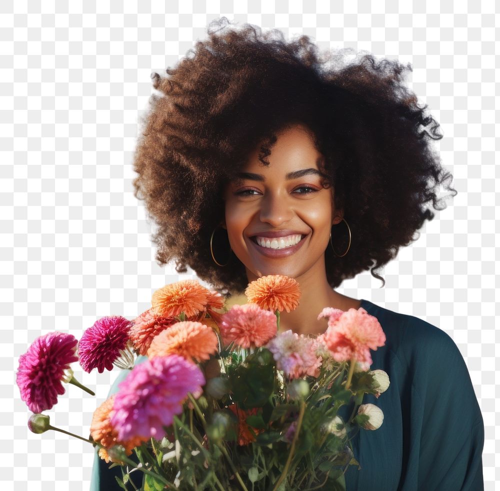PNG Black woman holding bouquet flower portrait smiling plant.