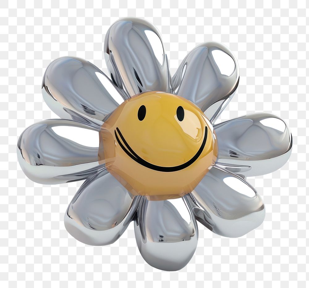 PNG Cute smiling daisy Chrome material silver shape shiny.