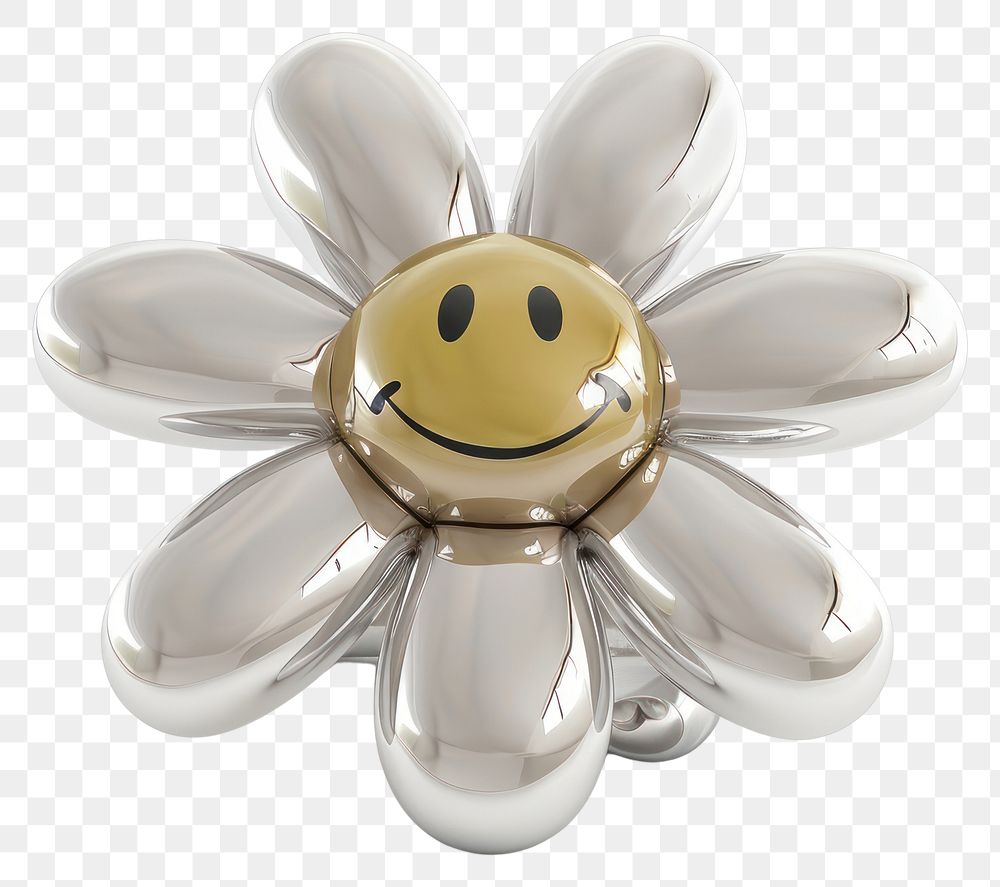 PNG Cute smiling daisy Chrome material jewelry silver shiny.