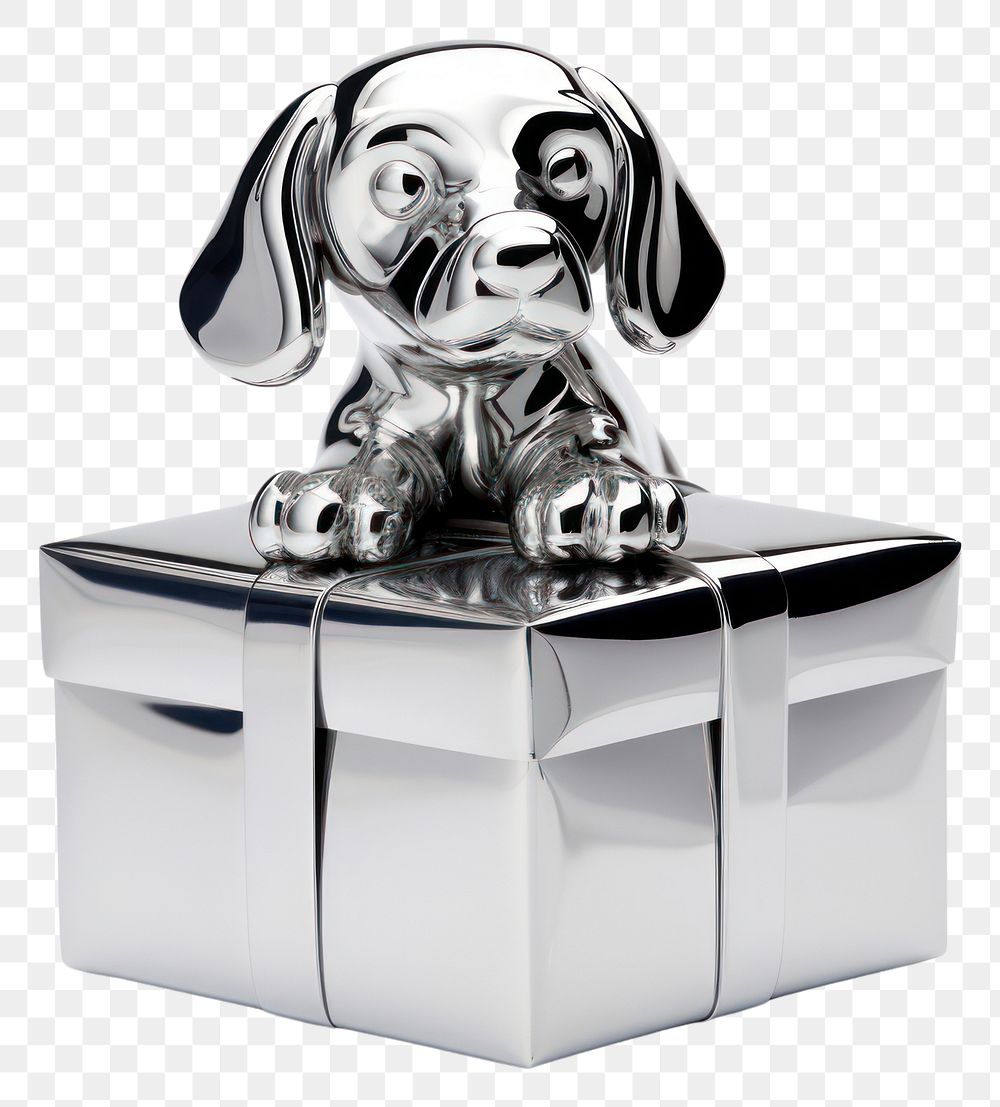 PNG Dog in gift box Chrome material silver mammal pet.