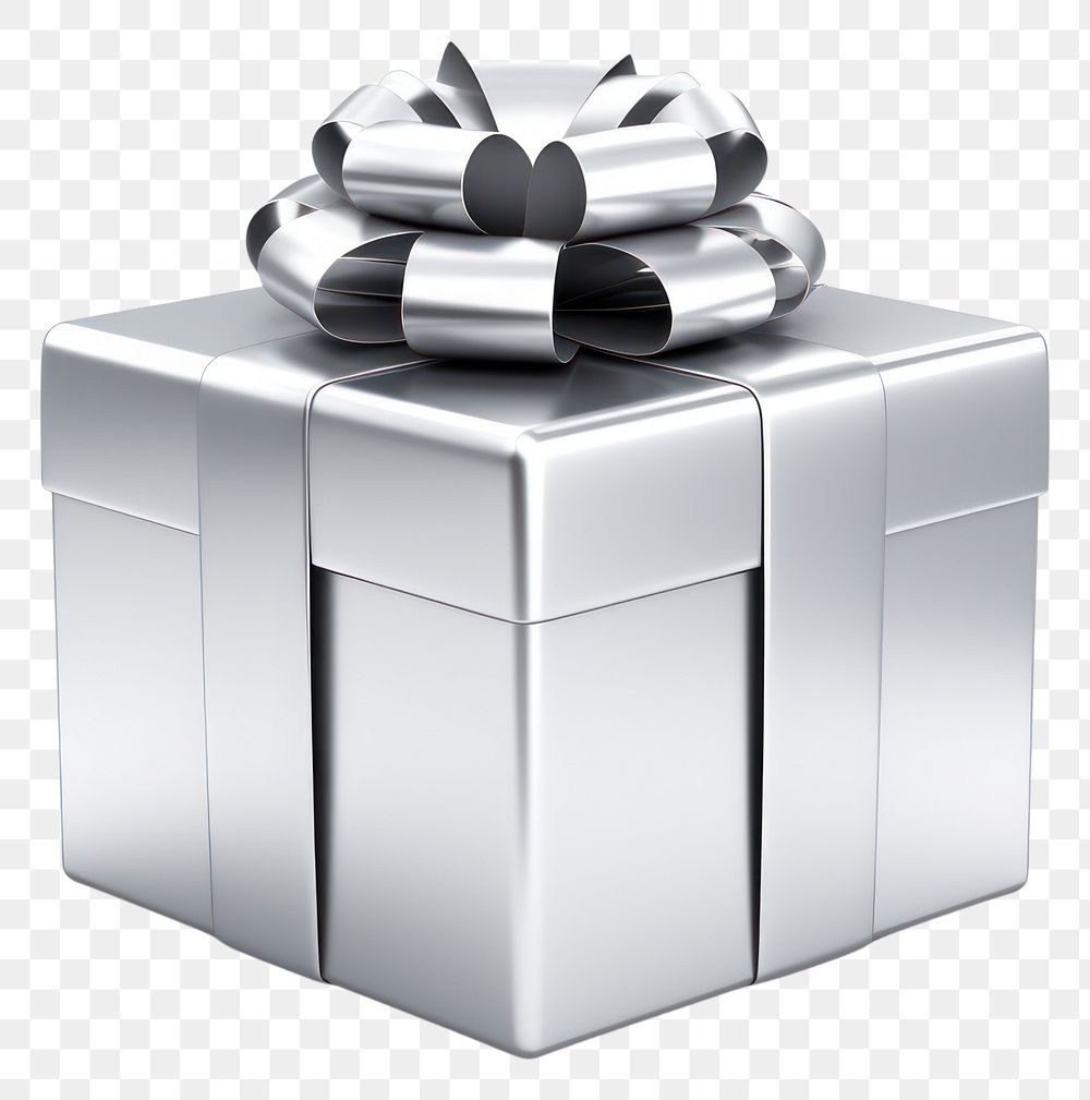 PNG Opened gift Chrome material silver shiny white background.