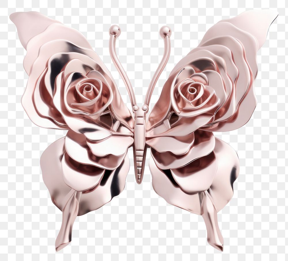 PNG Rose and butterfly Chrome material flower plant white background.