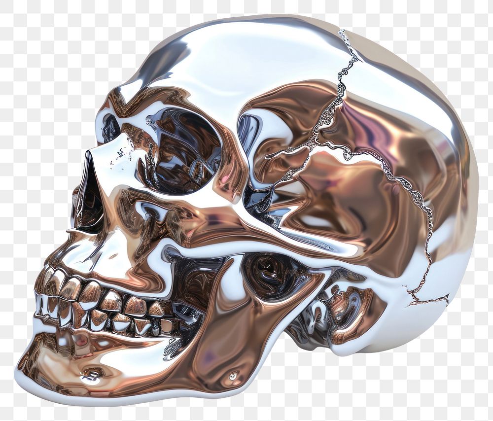 PNG Rose in skull mouth Chrome material silver shiny white background.