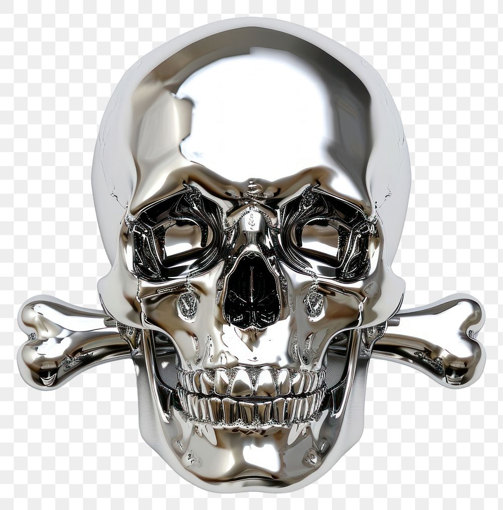 PNG Skull with cross bone Chrome material silver white background representation.