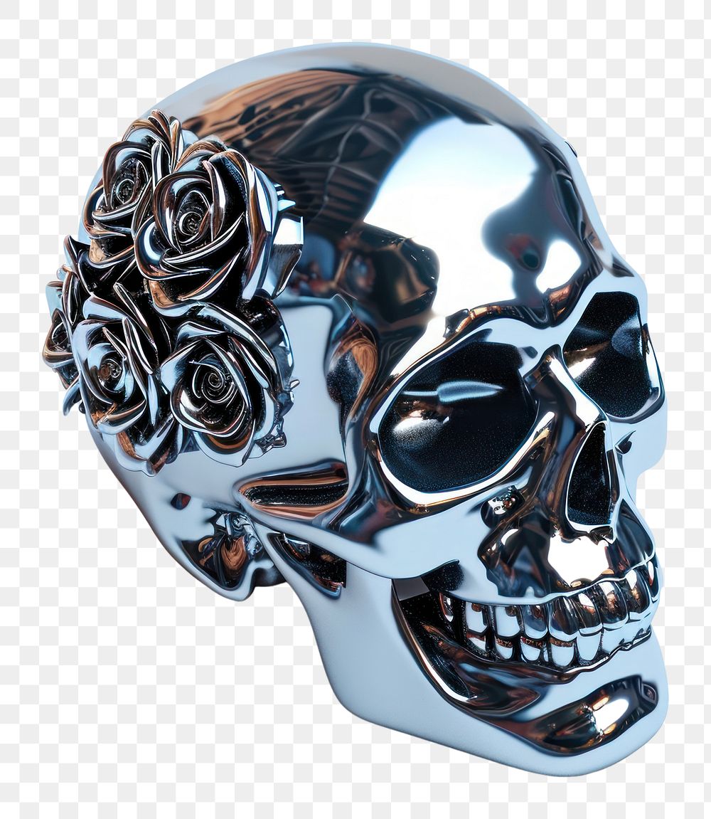 PNG Skull with roses Chrome material silver shiny white background.