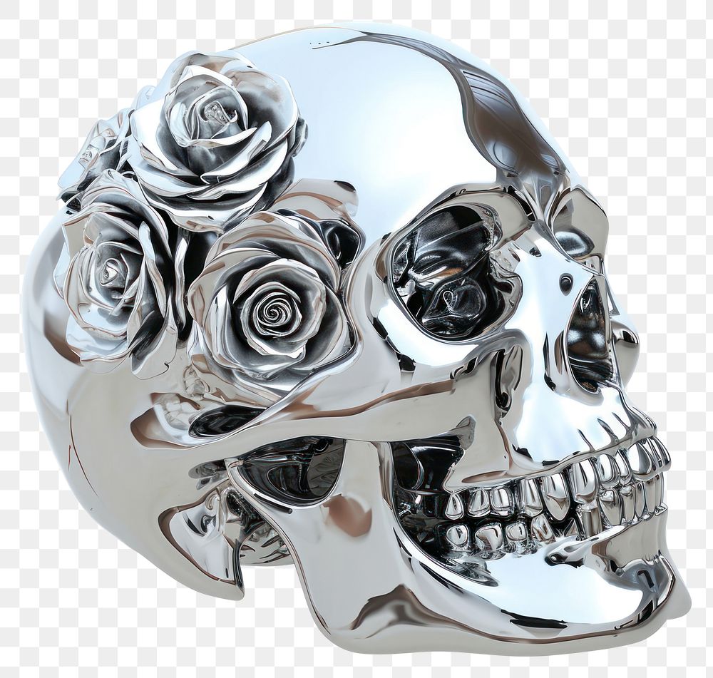 PNG Skull with roses Chrome material silver white background celebration.