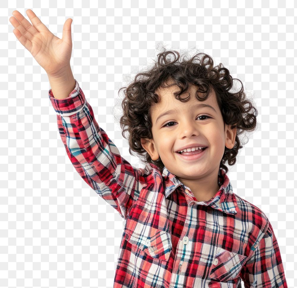 PNG Middle eastern boy 6 years old happy raising her hand smile white background studio shot.