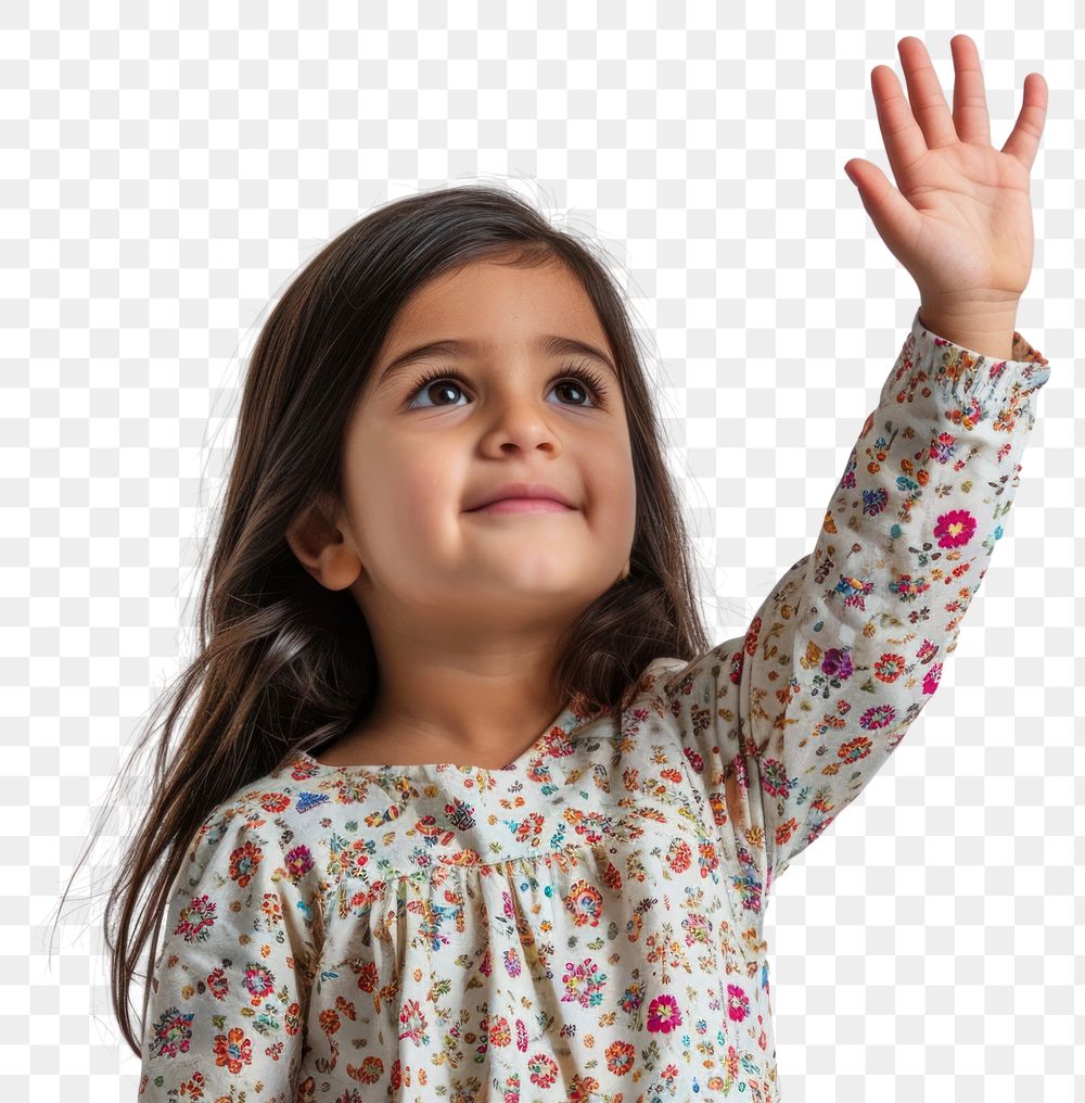 PNG Middle eastern girl 6 years old happy raising her hand portrait child photo.
