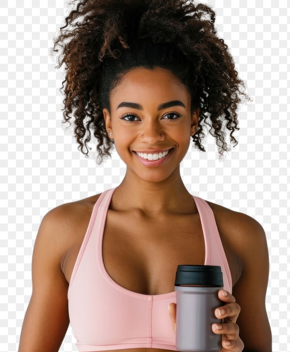 PNG  American woman in soft pink top exercise portrait holding smile.
