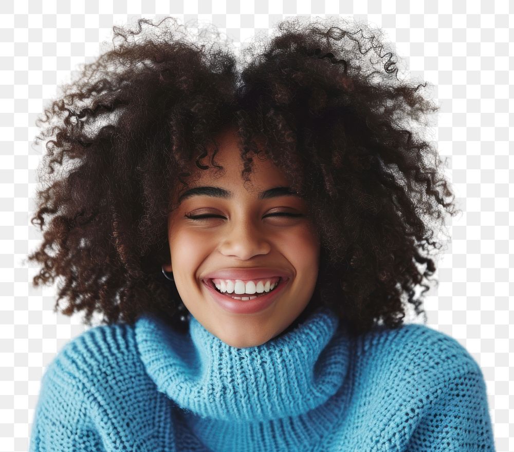 PNG  South african woman with a wig and curly hair sweater laughing adult.