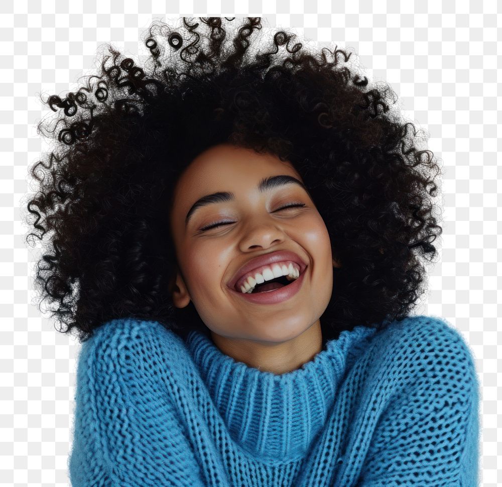 PNG  South african woman with a wig and curly hair sweater laughing smile.