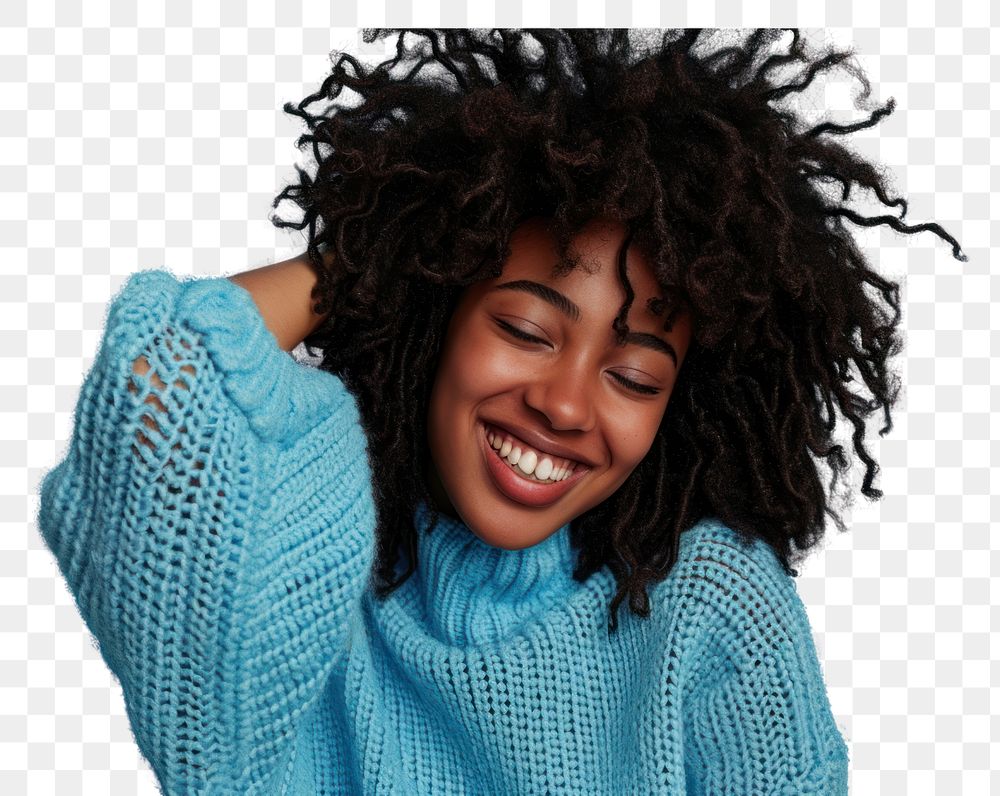 PNG  South african woman with a wig and curly hair sweater laughing smile.