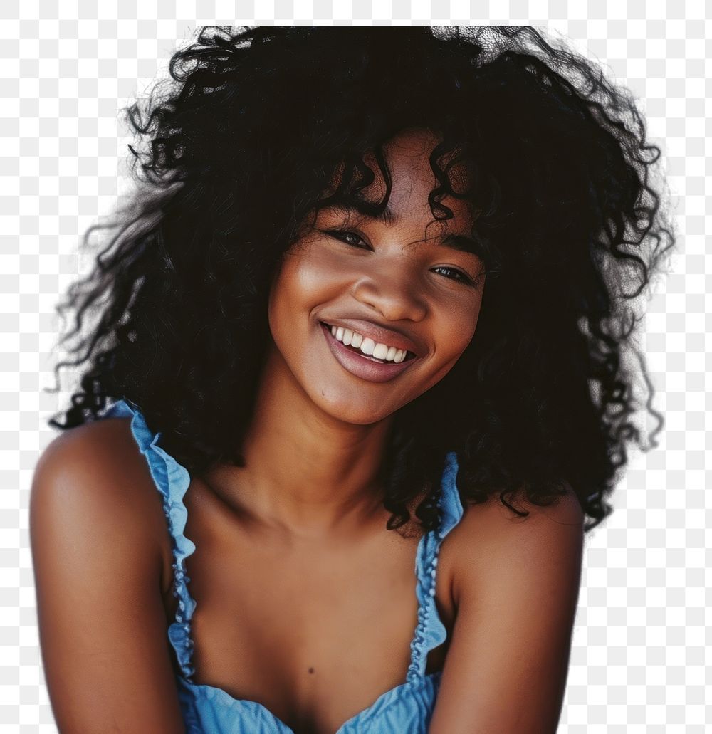 PNG  South african woman with a wig and curly hair wearing blue dress photography portrait laughing.