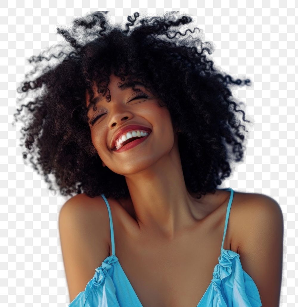 PNG  South african woman with a wig and curly hair wearing blue dress laughing smile adult.