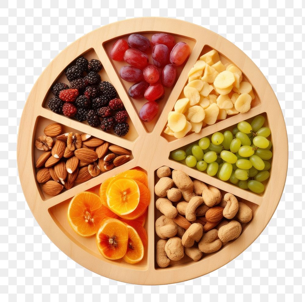 PNG Partition wooden plate with cut fruits and nuts food medication blueberry.